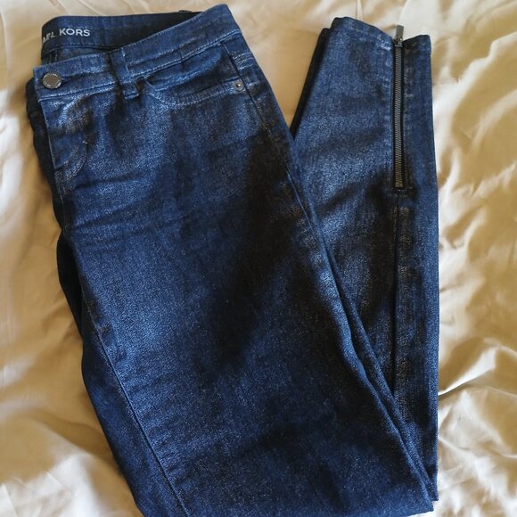 Micheal Kors Black Metallic Coated Jeans Cropped at Ankle with Zipper Sz 4 - Picture 1 of 8